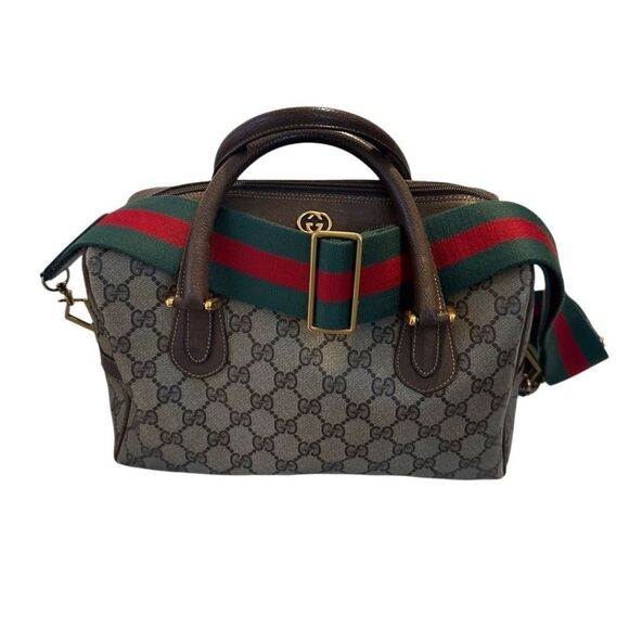 Gucci Brown Leather Satchel with Monogram Canvas - Picture 3 of 16